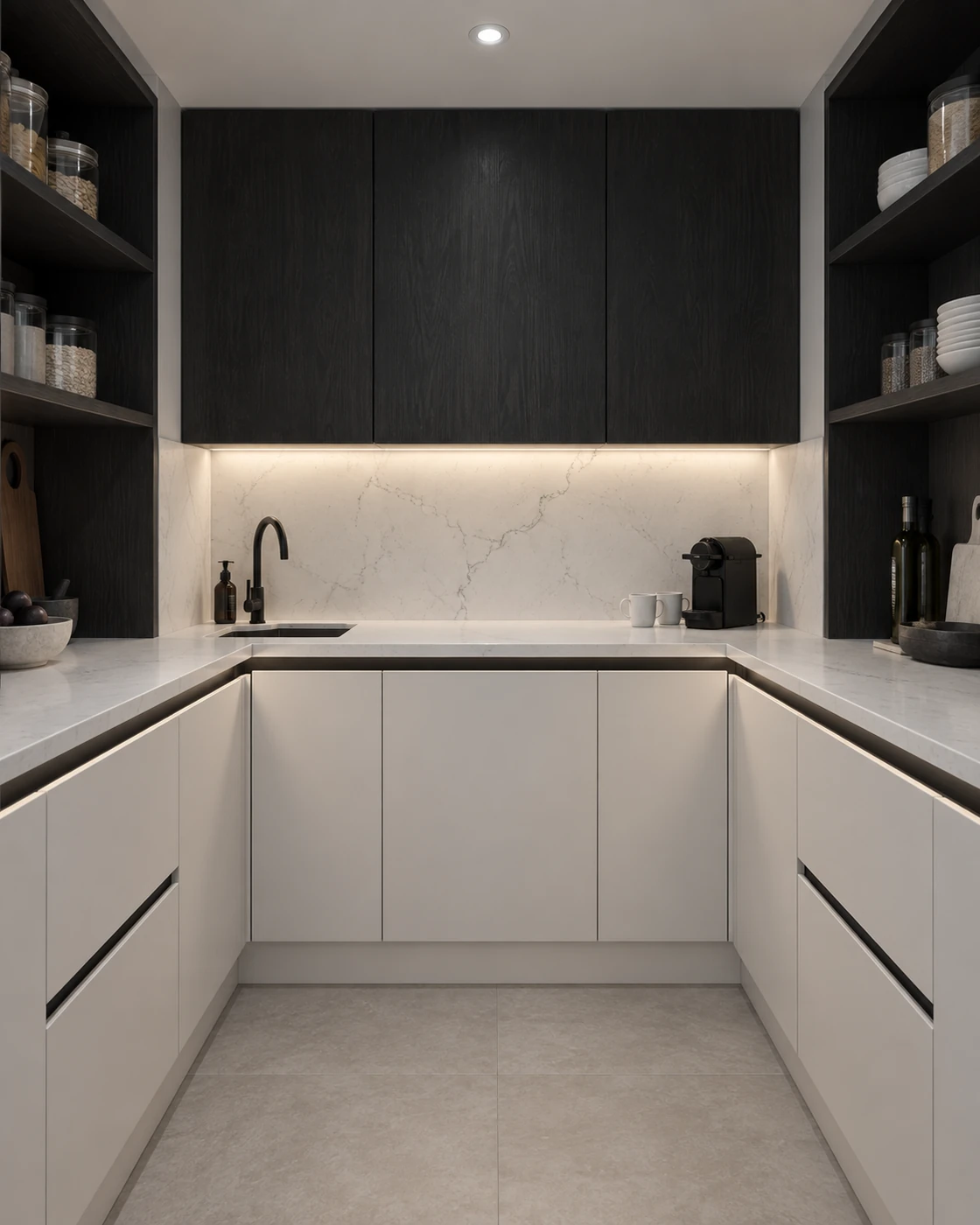 Pantry with charcoal oak shelving, pale slab cabinetry, black detailing and a softly lit veined stone worktop